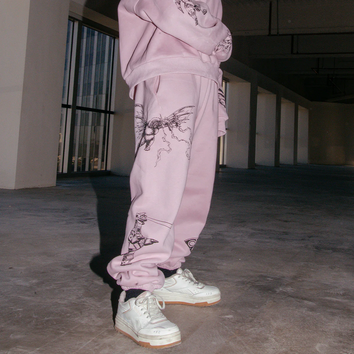 Godzilla Kaiju Print Sweatpants - Light Pink