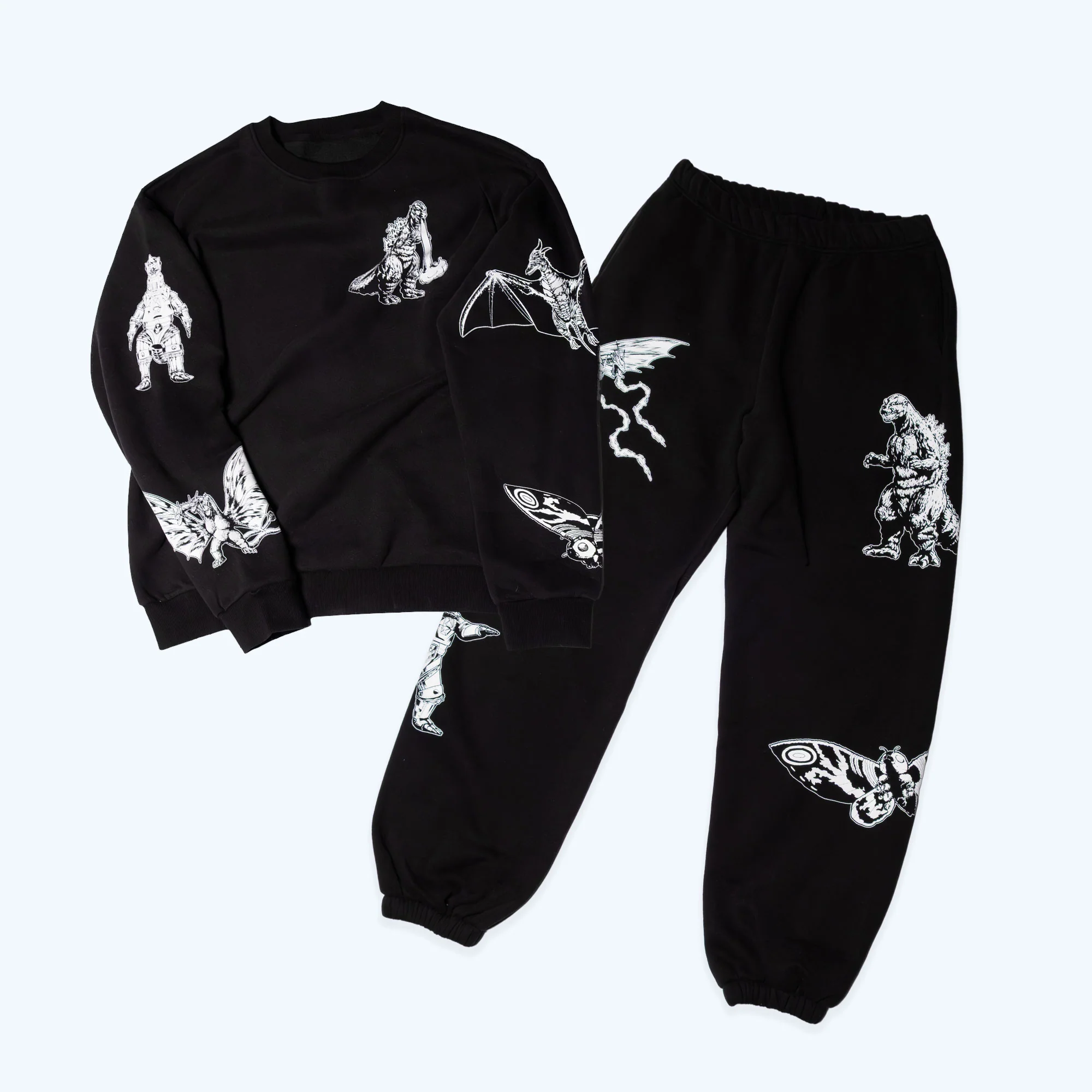 Godzilla Kaiju Print Sweatsuit Set - Black