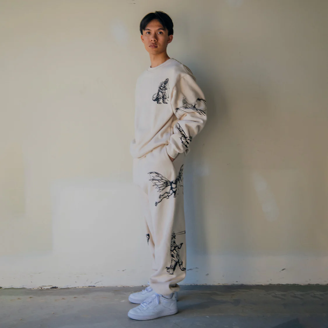 Godzilla Kaiju Print Sweatpants Set - Cream - Image 2