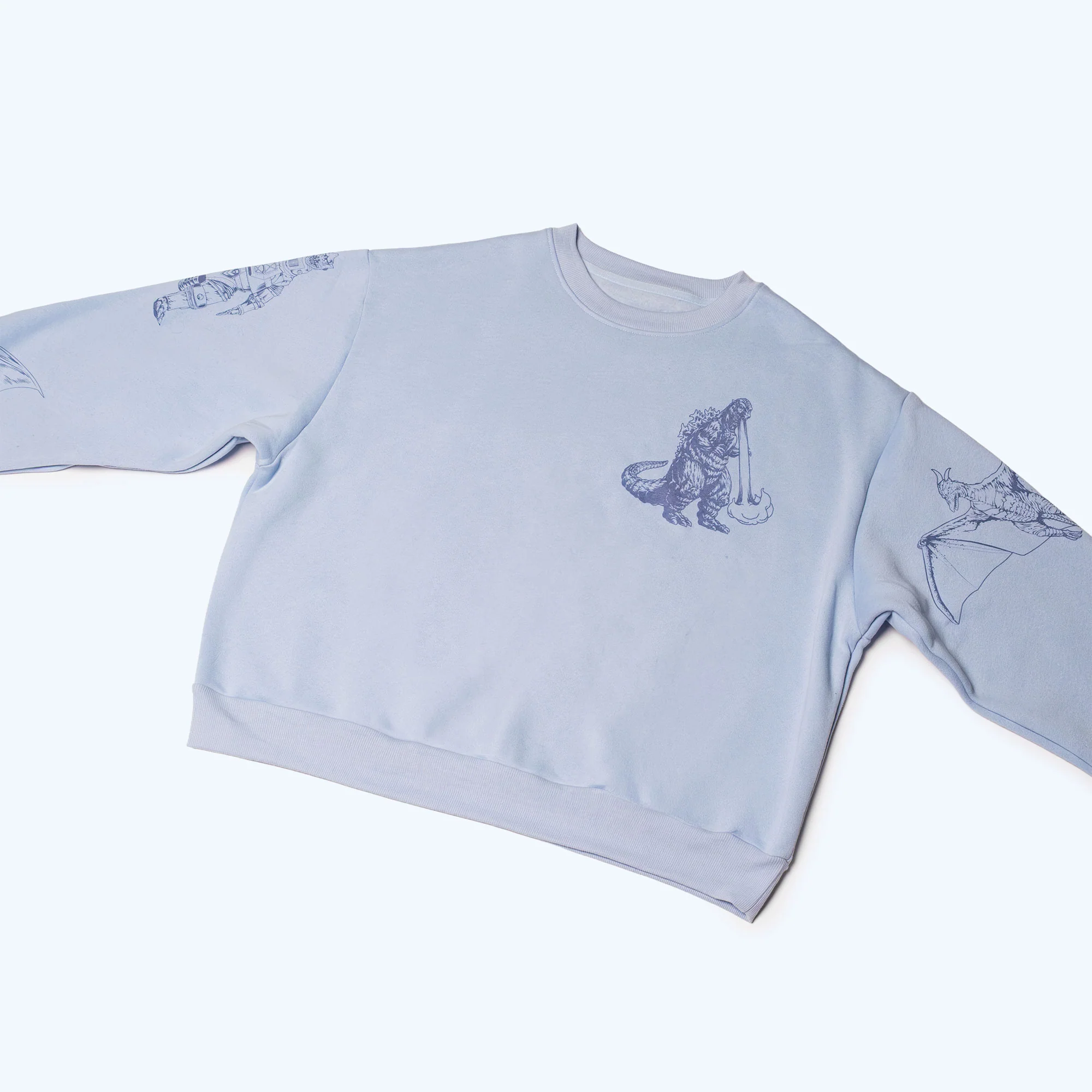 Godzilla Kaiju Print Cropped Sweatshirt - Blue - Image 2