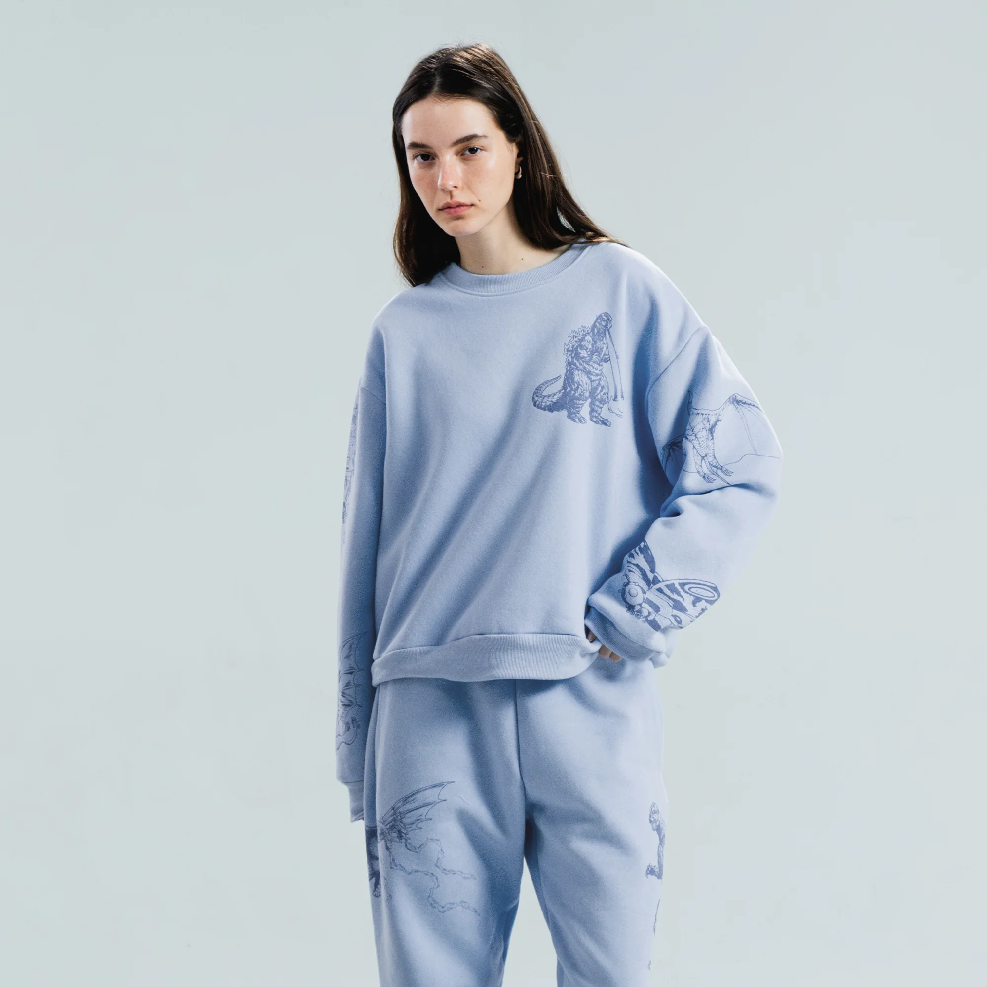 Godzilla Kaiju Print Cropped Sweatshirt - Blue - Image 8