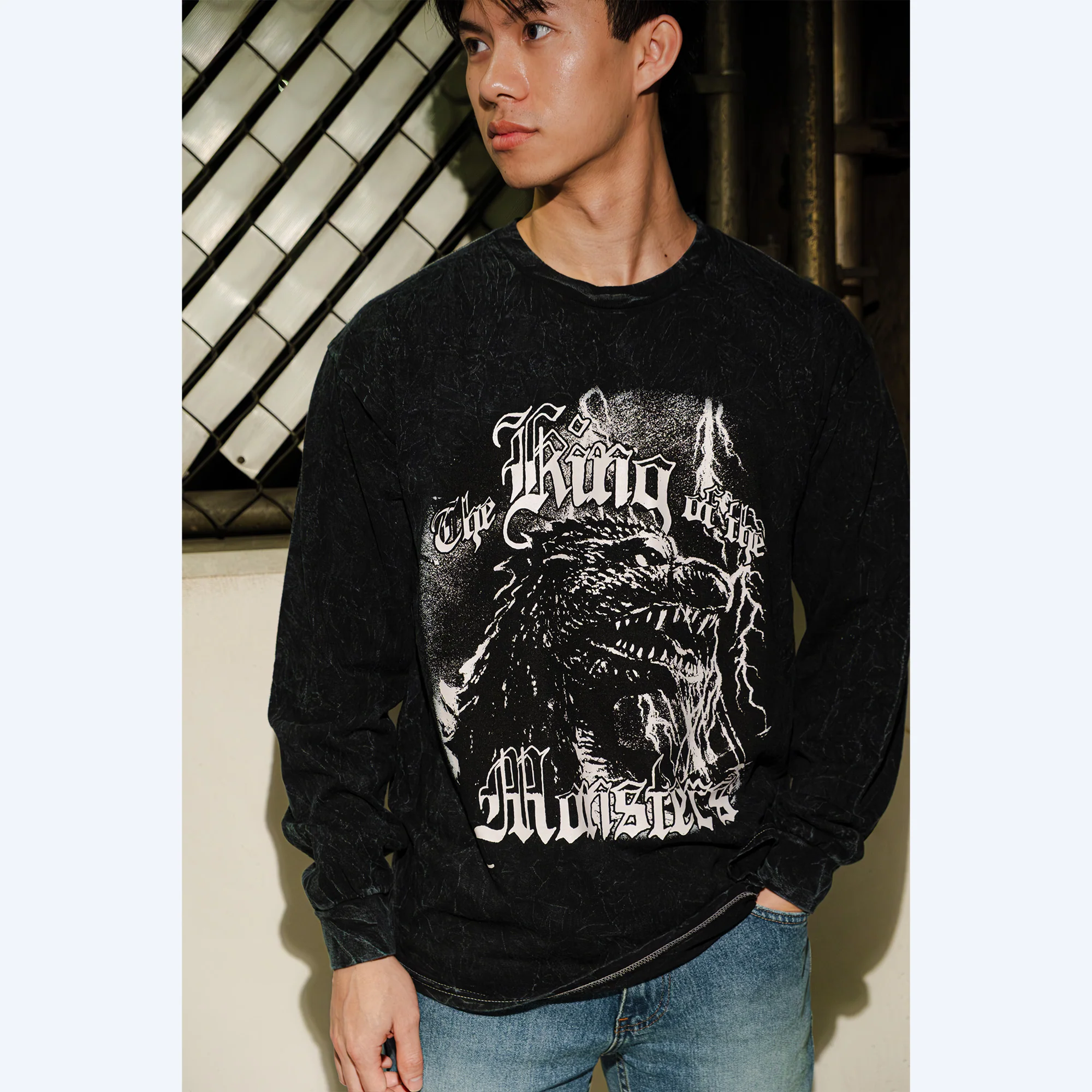 Godzilla Mineral Wash Black Long Sleeve T-Shirt - Image 3